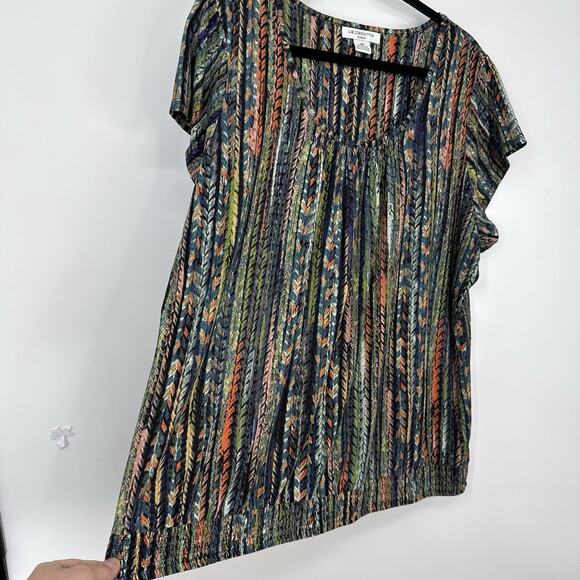 Liz Claiborne Woman top 3X Short Sleeve round neck colorful Boho Pattern Smocked - Picture 3 of 8